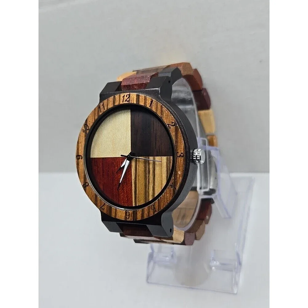Unbranded Wooden Watch Color Block Dial Wood Band Quartz New Battery Lightweight